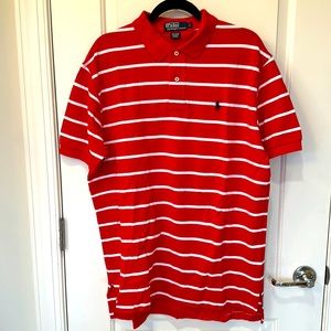 Size L. Polo Ralph Lauren. Red and white stripped with navy polo horse